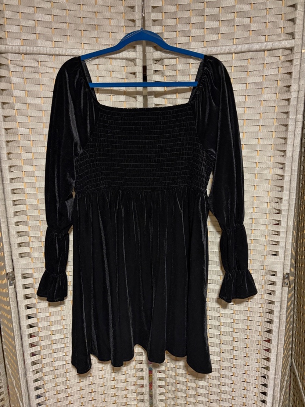 Celebrity Pink Black Velvet Long-Sleeve Smocked Mini Dress